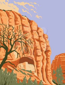 WPA poster art of the Mogollon cliff dwellings in the Gila Cliff Dwellings National Monument in the Gila Wilderness located in southwest New Mexico done in works project administration style.