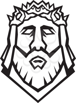 Retro woodcut style illustration of head of Jesus Christ the Redeemer wearing a crown of thorns viewed from front on isolated background done in black and white.