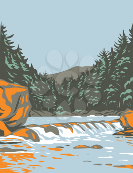 WPA poster art of the Katahdin Woods and Waters National Monument in northern Penobscot County Maine including a section of the East Branch Penobscot River done in works project administration style.