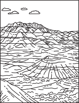 Mono line illustration of layered rock formations in Badlands National Park located in South Dakota United States of America done in retro black and white monoline line art style.