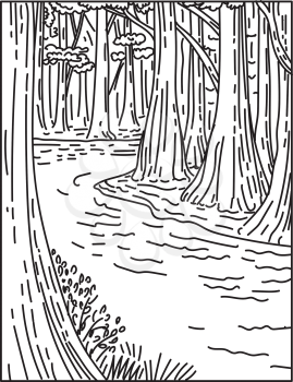 Mono line illustration of an old growth bottomland hardwood forest in Congaree National Park in central South Carolina, United States done in retro black and white monoline line art sty