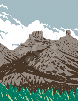 WPA poster art of Chimney Rock and Companion Rock within the Chimney Rock National Monument part of San Juan National Forest in Colorado United States done in works project administration style.
