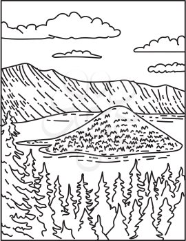 Mono line illustration of Crater Lake in within Crater Lake National Park located in south-central Oregon, United States of America done in retro black and white monoline line art style.
