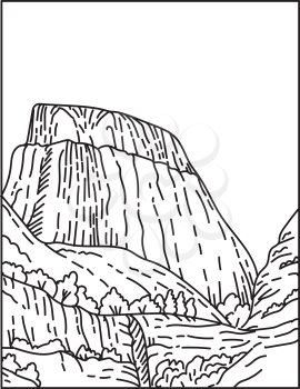 Mono line illustration of the Golden Throne within Capitol Reef National Park located in Wayne County, Utah, United States of America done in retro black and white monoline line art style.