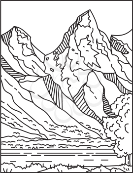 Mono line illustration of Jackson Hole or Jackson's Hole with the Teton Range in the background located in Wyoming, United States of America done in retro black and white monoline line art style.