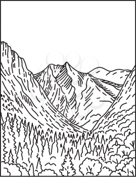 Mono line illustration of Kings Canyon from Paradise Valley in Kings Canyon National Park within Sierra Nevada, California United States done in retro black and white monoline line art style.