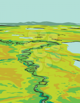 WPA poster art of a river snaking its way through the tundra in southeast Cape Krusenstern National Monument located in Alaska USA in works project administration style or federal art project style.