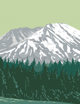 WPA poster art of Mt. Saint Helens in Mount St. Helens National Volcanic Monument located in Gifford Pinchot National Forest, Washington State United States done in works project administration style.