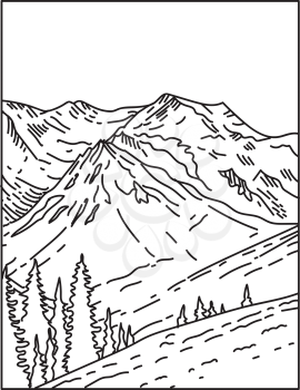 Mono line illustration of summit of glacier-clad Mount Olympus in Olympic National Park located in Washington State, United States of America done in retro black and white monoline line art style.