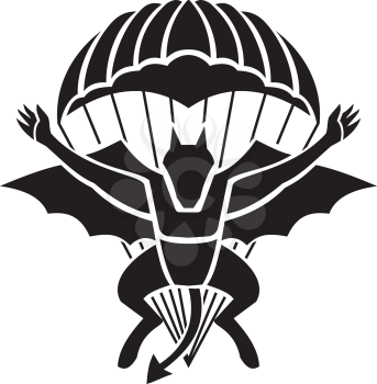 Military badge illustration of Red Devils Parachute Regiment Free Fall Team showing a demon, devil or bat with parachute jumping front view on isolated white background in black and white retro style.