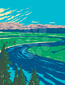 WPA poster art of Yellowstone River in Hayden Valley located in Yellowstone National Park, Wyoming, United States of America done in works project administration style or federal art project style.
