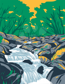 Art Deco or WPA poster of Becky Falls or Becka Falls on the Becka Brook over boulder-strewn river bed on Dartmoor National Park Devon England United Kingdom done in works project administration style.