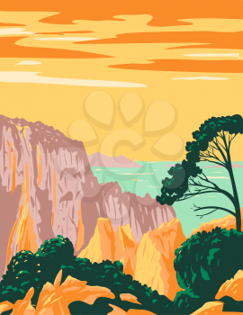 Art Deco or WPA poster of Calanques National Park or Parc National des Calanques in Belvedere on the Mediterranean coast in Southern France done in works project administration style.