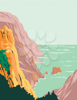 Art Deco or WPA poster of Calanques National Park or Parc National des Calanques in Sugiton on the Mediterranean coast in Bouches-du-Rhone Southern France done in works project administration style.
