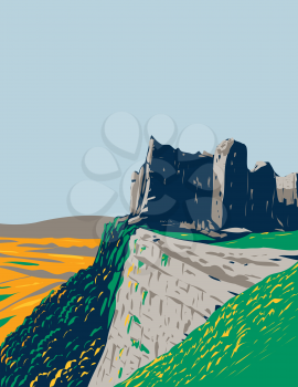 Art Deco or WPA poster of the Carreg Cennen castle ruins located within Brecon Beacons National Park in Wales, United Kingdom done in works project administration style.