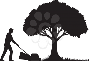 Stencil illustration of silhouette of a gardener with lawnmower or lawn mower mowing grass lawn with oak tree in back on isolated background done in black and white retro style.