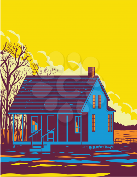 WPA poster art of a homestead or house of George Washington Carver in George Washington Carver National Monument in Newton County, Missouri done in works project administration style.