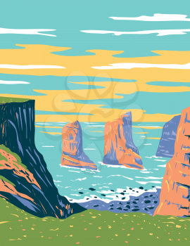 Art Deco or WPA poster of the Elegug Stack Rocks located in Pembrokeshire Coast National Park in west Wales, United Kingdom done in works project administration style.