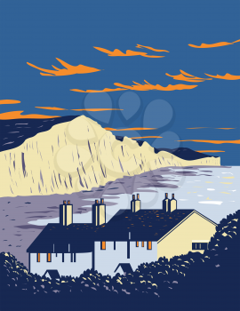 Art Deco or WPA poster of the Seven Sisters, chalk cliffs by the English Channel within the South Downs National Park in Southern England, United Kingdom done in works project administration style.