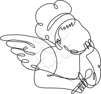 Continuous line drawing illustration of an angel chef cook or baker holding a spoon front view done in mono line or doodle style in black and white on isolated background. 