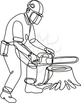 Continuous line drawing illustration of an arborist or tree surgeon with chainsaw done in mono line or doodle style in black and white on isolated background. 