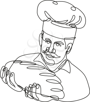 Continuous line drawing illustration of a baker holding bread loaf front view done in mono line or doodle style in black and white on isolated background. 