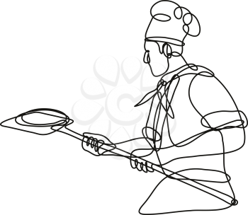 Continuous line drawing illustration of a pizza baker chef or cook holding peel done in mono line or doodle style in black and white on isolated background. 