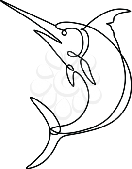Continuous line drawing illustration of an Atlantic blue marlin jumping up done in mono line or doodle style in black and white on isolated background. 