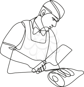 Continuous line drawing illustration of a butcher with meat cleaver cutting leg of ham done in mono line or doodle style in black and white on isolated background. 