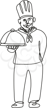 Continuous line drawing illustration of a chef, cook or baker holding a platter front view done in mono line or doodle style in black and white on isolated background. 