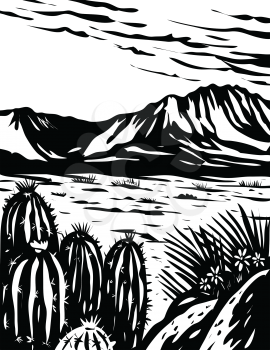 WPA woodcut poster art of the Chihuahuan Desert in Big Bend National Park located in West Texas USA Mexico border done in works project administration black and white style.