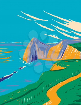 Art Deco or WPA poster of Durdle Door on Man of War Bay in the Jurassic Coast near Lulworth in Dorset, England done in works project administration style.