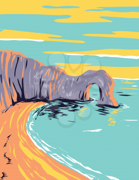 Art Deco or WPA poster of Durdle Door on the Jurassic Coast near Lulworth in Dorset, England done in works project administration style.