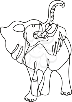 Continuous line drawing illustration of an African elephant charging front view  done in mono line or doodle style in black and white on isolated background. 