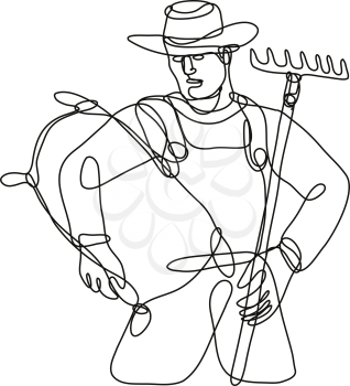 Continuous line drawing illustration of an organic farmer with rake and carrying sack done in mono line or doodle style in black and white on isolated background. 