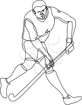 Continuous line drawing illustration of a field hockey running with hockey stick done in mono line or doodle style in black and white on isolated background. 