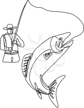 Continuous line drawing illustration of a fly fisherman catching jumping lake trout done in mono line or doodle style in black and white on isolated background. 