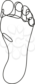 Continuous line drawing illustration of a sole of foot done in mono line or doodle style in black and white on isolated background. 