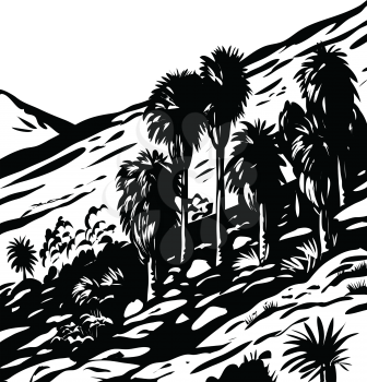 WPA woodcut poster art of Fortynine Palms Oasis Trail on the north end of Joshua Tree National Park, California USA done in works project administration black and white style.