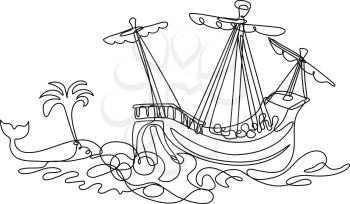 Continuous line drawing illustration of a galleon or tall ship sailing with whale done in mono line or doodle style in black and white on isolated background. 