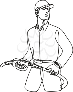 Continuous line drawing illustration of a gasoline attendant holding a gas fuel nozzle done in mono line or doodle style in black and white on isolated background. 