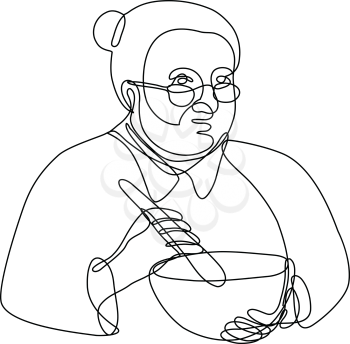 Continuous line drawing illustration of a granny cook mixing with mortar and pestle done in mono line or doodle style in black and white on isolated background. 