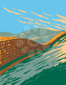 Art Deco or WPA poster of Hadrian's Wall near Brampton in Northumberland National Park, England, UK done in works project administration style.