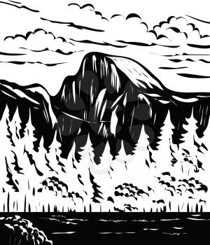 WPA poster monochrome art of Half Dome at the eastern end of Yosemite Valley in Yosemite National Park, USA done in works project administration black and white style.