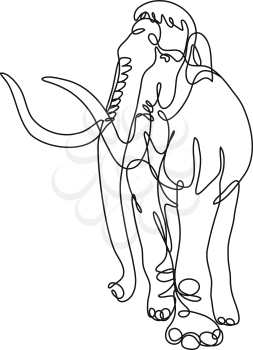 Continuous line drawing illustration of an Mammoth elephant walking front view  done in mono line or doodle style in black and white on isolated background. 