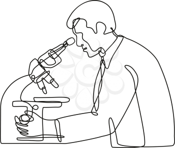 Continuous line drawing illustration of a microbiologist studying a virus with a microscope done in mono line or doodle style in black and white on isolated background. 