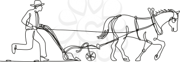 Continuous line drawing illustration of an organic farmer and horse plowing field side view done in mono line or doodle style in black and white on isolated background. 