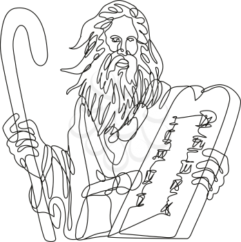 Continuous line drawing illustration of the Prophet Moses with staff holding a stone table with ten commandments done in mono line art doodle style in black and white.