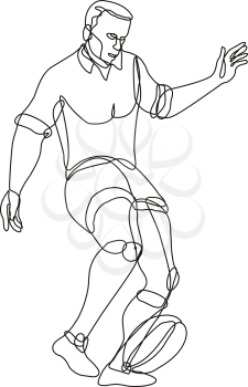 Continuous line drawing illustration of a rugby union player kicking ball front view done in mono line or doodle style in black and white on isolated background. 