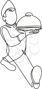Continuous line drawing illustration of a waiter or food server serving a food platter front view 
done in mono line or doodle style in black and white on isolated background. 